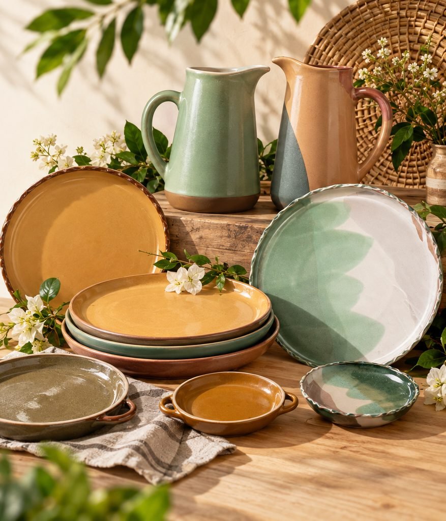 Handmade stoneware plates, jugs and serving dishes in mustard and sage